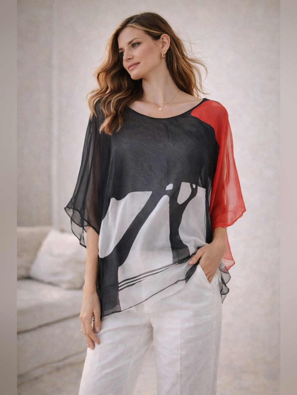 Cocoon House 100% Silk Sheer Black and Red Abstract Print Blouse - Women